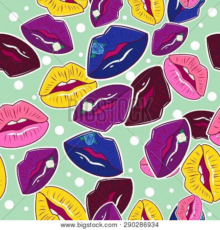 Cosmetics And Makeup Seamless Pattern. Beautiful Lips Of Woman With Lipstick And Gloss. Sexy Wet Lip