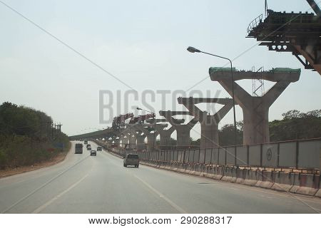 Nakorn Ratchasima, Thailand : March 11, 2019 - Construction Site Of New Motorway Route From Bang Pa 