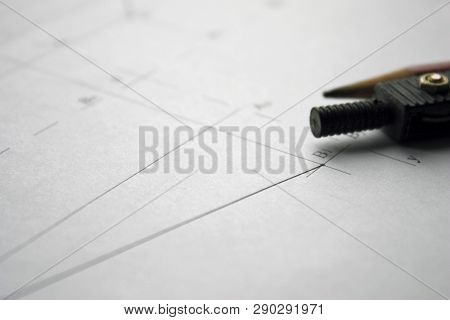 Preparation For Drafting Documents, Drawings, Tools And Diagrams On The Table.