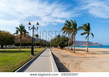 Khor Fakkan, United Arab Emirates - March 16, 2019: Khor Fakkan Public Beach In The Emirate Of Sharj