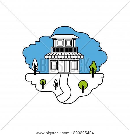 Color Sections Silhouette Scene Of Natural Landscape And House With Two Floors With Balcony And Awni