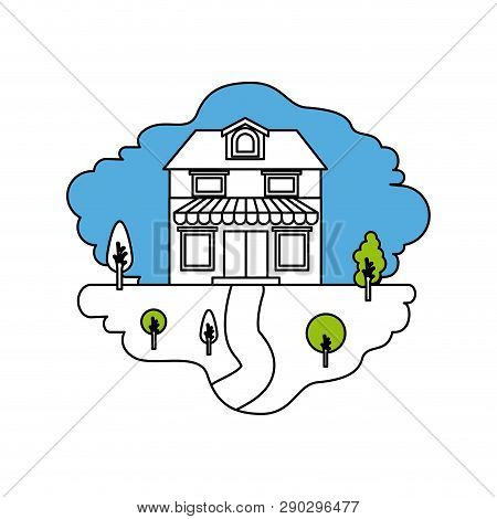 Color Sections Silhouette Scene Of Natural Landscape And House With Two Floors With Attic And Awning