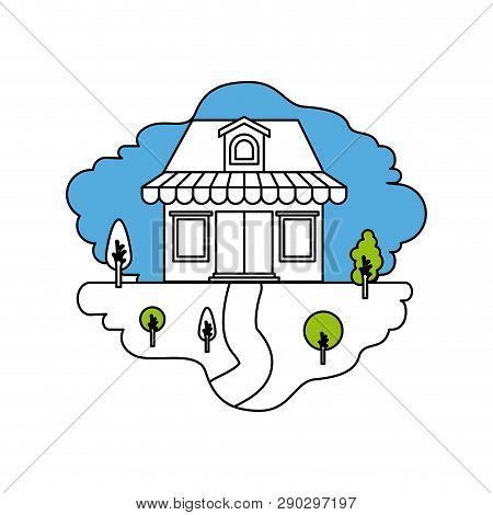 Color Sections Silhouette Scene Of Natural Landscape And Store With Awning And Attic Vector Illustra