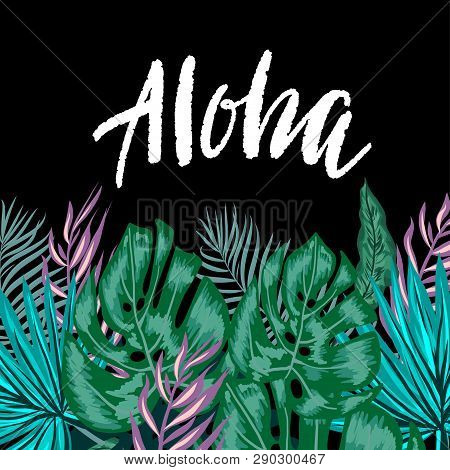 Green Summer Tropical Background With Exotic Palm Leaves And Flowers. Vector Floral Background With 