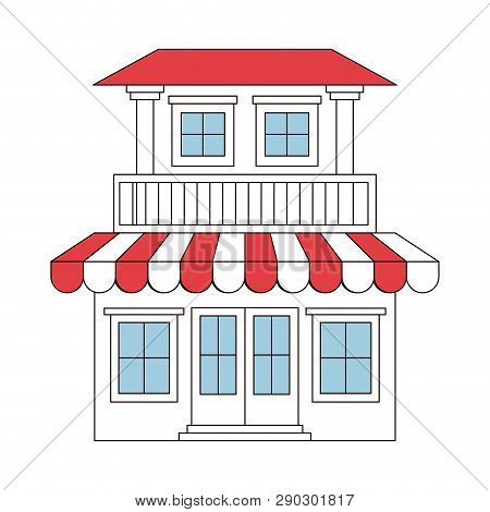 Color Sections Silhouette Of House With Two Floors With Balcony And Awning Vector Illustration