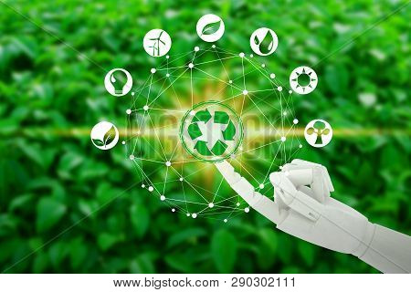 Robot Hand With Touching Virtual Environment Icons Over The Network Connection On Nature Background,