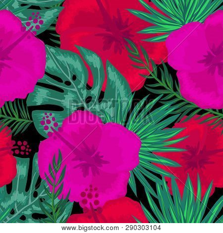 Green Summer Circle Tropical Background With Exotic Palm Leaves, Orchid, Hrliconia, And Hibiscus Flo
