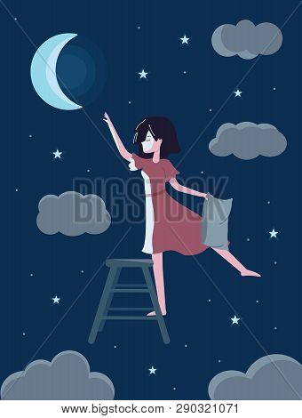 Romantic Cute Girl Dreams To Get To The Moon.
Sleeping Girl With Moon And Stars