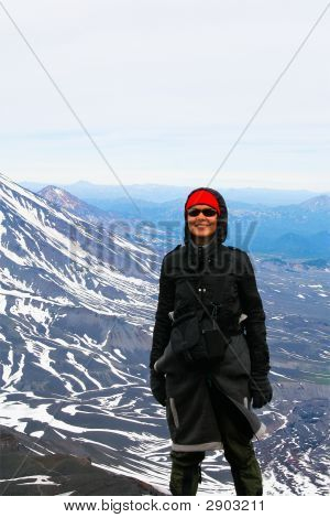 Young Woman And Volcano