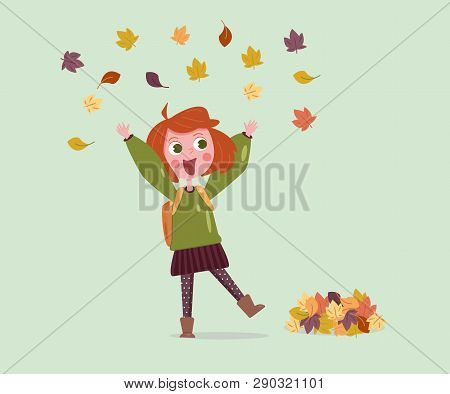 Happy Girl In Autumn Throws Leaves.vector Illustration