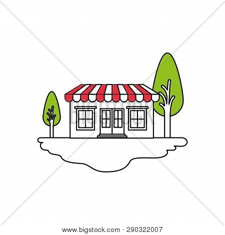 Color Sections Silhouette Scene Of Outdoor Landscape And Store With Awning Vector Illustration