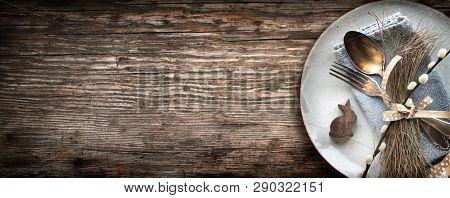 Easter Place Setting On Dark Old Rustic Wood For A Invitation