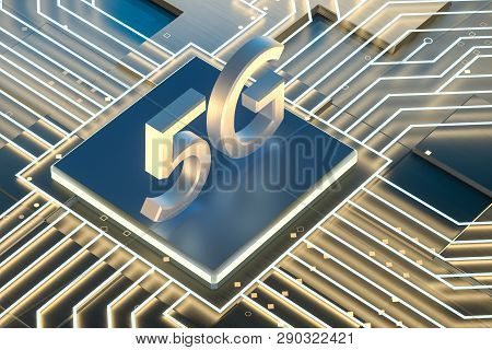 3D Rendering, 5G Font And Circuit Background