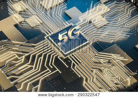 3D Rendering, 5G Font And Circuit Background