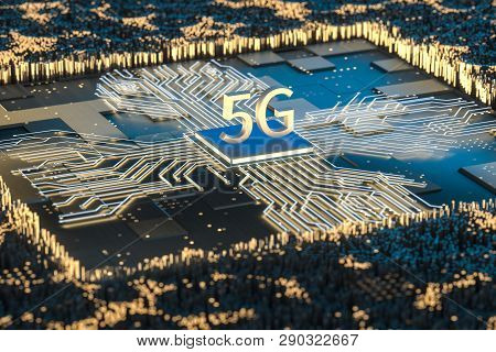 3D Rendering, 5G Font And Circuit Background
