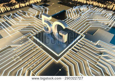 3D Rendering, 5G Font And Circuit Background