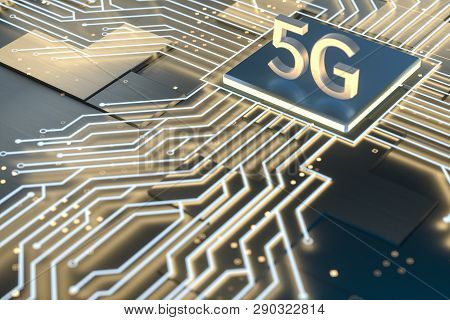 3D Rendering, 5G Font And Circuit Background