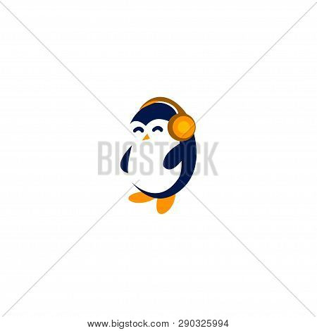 Cute Penguin Listening Music - Vector Illustration