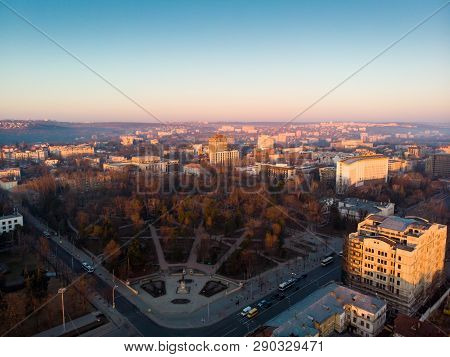 Aerial Drone View Of Stefan Cel Mare Central Boulevard At Sunrise In Chisinau With Cars, Moldova