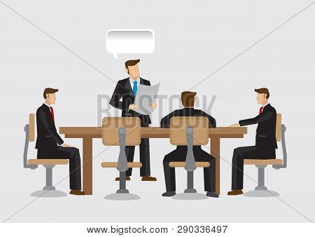 Businessmen Sitting Around Conference Table And Listening To Business Presentation. Vector Cartoon I