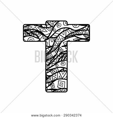 Vector Character From Latin Alphabet With Ornate Ornament. Letter For Colorig Book.