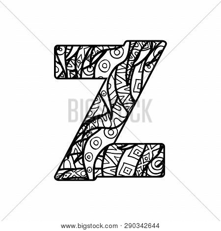 Vector Character From Latin Alphabet With Ornate Ornament. Letter For Colorig Book.
