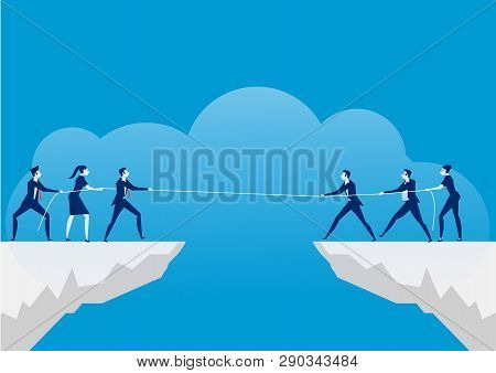 Conflict Concept. Businessmen Pulling Rope Over Precipice. Business Rivalry And Competition On Blue 