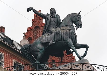 Krakow, Poland - October 8, 2018: Tadeusz Kosciuszko Monument In Wawel Castle At Night In Krakow, Po