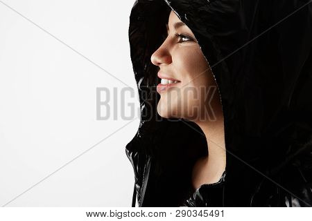 Portrait Of Fashion Beautiful Brunette Girl Wearing Black Leather Jacket With Fresh Daily Makeup Pos
