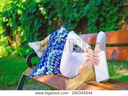 Prepare For Test. Woman Tired Face Take Break Relaxing In Garden Reading Book. Lady Student Read Bor