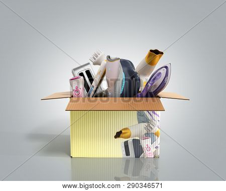 Concept Of Product Categories Small Household Appliances In The Box 3d Render On Grey Background