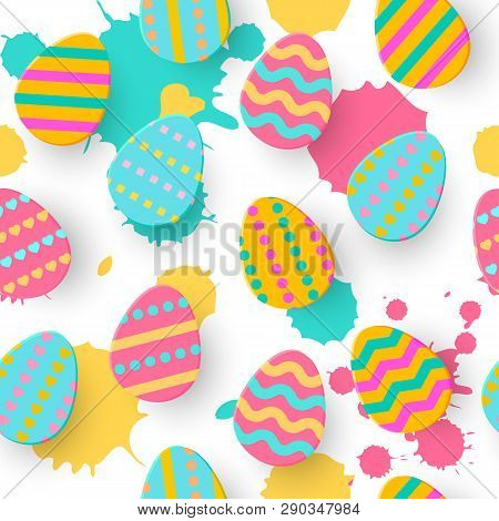 Seamless Pattern Of Easter Egg Paper Cut Style. Cute Layered Eggs Hunt Greeting Card. Geometric Holi