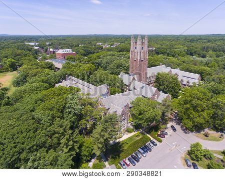 Aerial view of Wellesley College Green Hall in Wellesley, Massachusetts, USA.