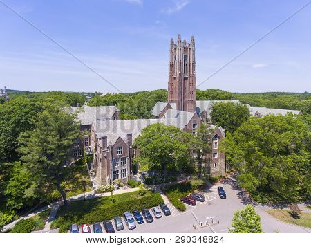 Aerial view of Wellesley College Green Hall in Wellesley, Massachusetts, USA.