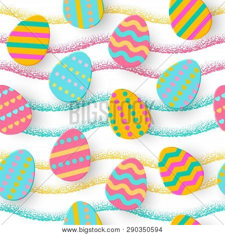 Seamless Pattern Of Easter Egg Paper Cut Style. Cute Layered Eggs Hunt Greeting Card. Geometric Holi