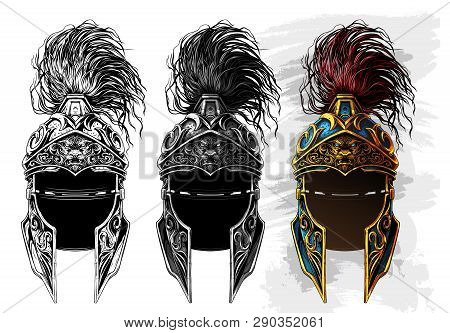 Graphic Detailed Ancient Metal Ornate Warrior Helmet With Golden Lion Face. Isolated On White Backgr