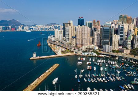 Causeway Bay, Hong Kong 22 February 2019: Hong Kong harbor front and typhoon shelter