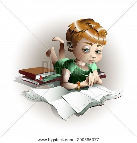Cute Child Leafing Through The Book. Schoolboy Doing Homework.