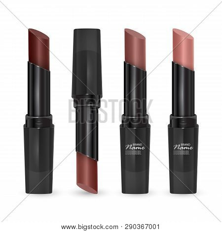 Set Of Lipsticks Of Colors From Brown To Bodily, Lipsticks On Transparent Background, Vector Eps 10 