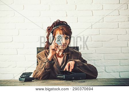 Old Woman With Cassette Recorder Listen Music In Headphones. Old School Music Player, Radio. Granny 