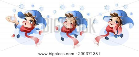 Cute Boy Enjoying The First Snow. Llustration Isolated On White Background