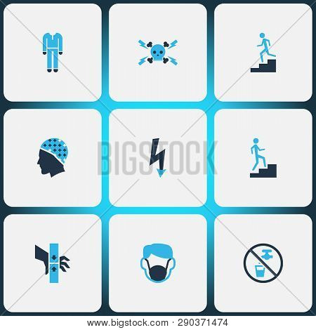 Protection Icons Colored Set With Danger Moving Parts, Step Up, Non Potable Water And Other Injury E