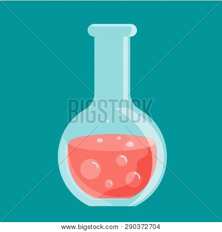 Glass Chemical Flask With Red Liquid. Vector Flat Icon.