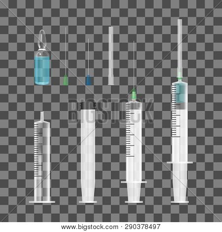 Realistic Transparent Plastic Disposable Syringe With Different Needles And Vaccine Ampoule. Vector 