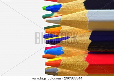 The Sharp Tips Of The Pencils. Bright Colored Pencils. Colored Pencils On White Background With Sele