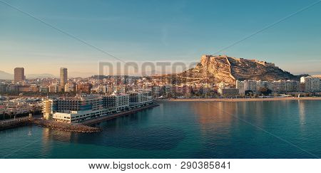 Aerial Photo Drone Point View Alicante Cityscape Above Panorama Main Landmark In City Center Santa B