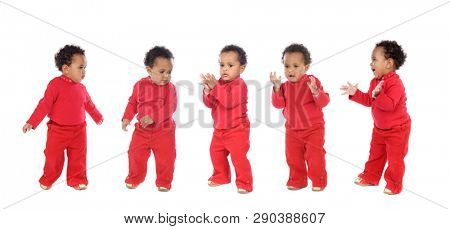 Five happy babies dancing and claping isolated on a white background