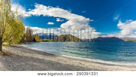 New Zealand landscape, Lake Wanaka, Glendhu Bay - lake and trees