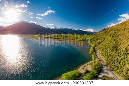Aerial drone view of north side of Lake Wanaka at Makarora, South Island, New Zealand