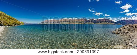Aerial drone view of north side of Lake Wanaka at Makarora, South Island, New Zealand